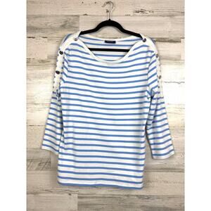 Saint James Womens 14 Blue White Stripe Sailor 3/4 Sleeve Casual Coastal Top